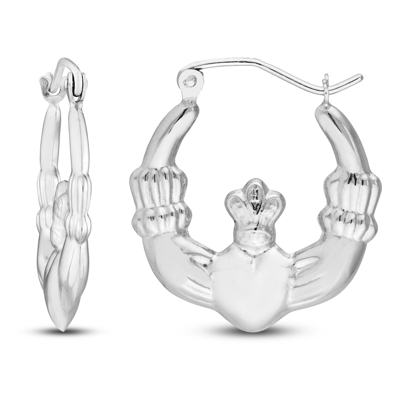 Main Image 1 of Claddagh Hoop Earrings 14K White Gold