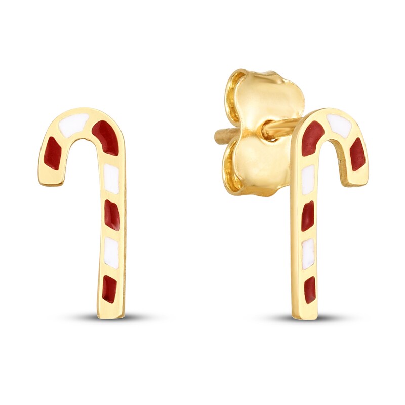 Main Image 1 of Candy Cane Stud Earrings Red/White Enamel 14K Yellow Gold
