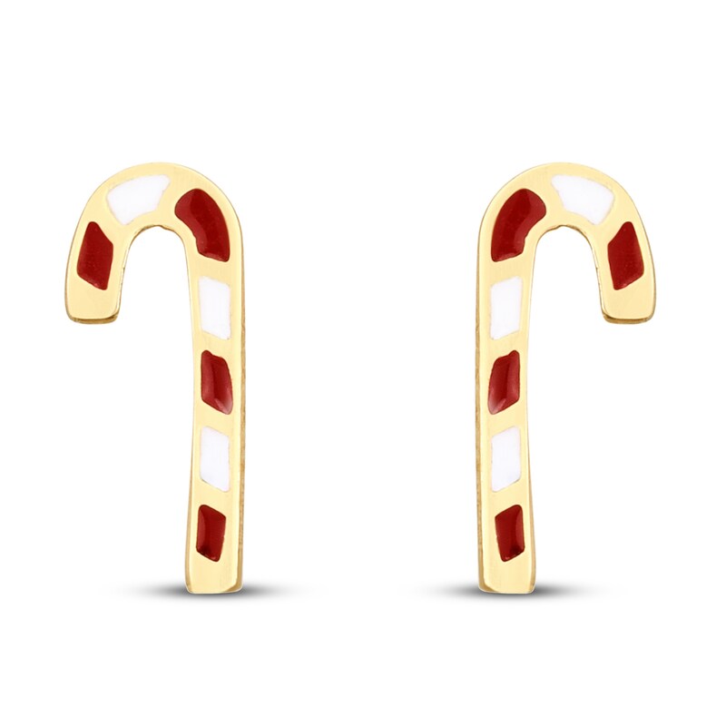 Main Image 2 of Candy Cane Stud Earrings Red/White Enamel 14K Yellow Gold