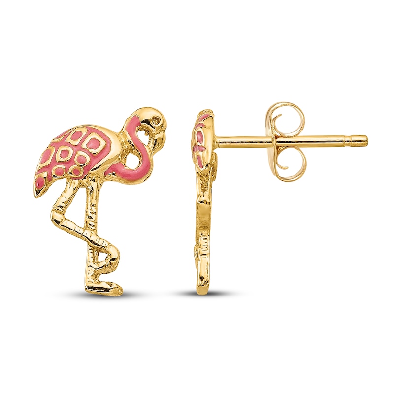 Main Image 1 of Pink Flamingo Stud Earrings Pink Enamel 14K Yellow Gold