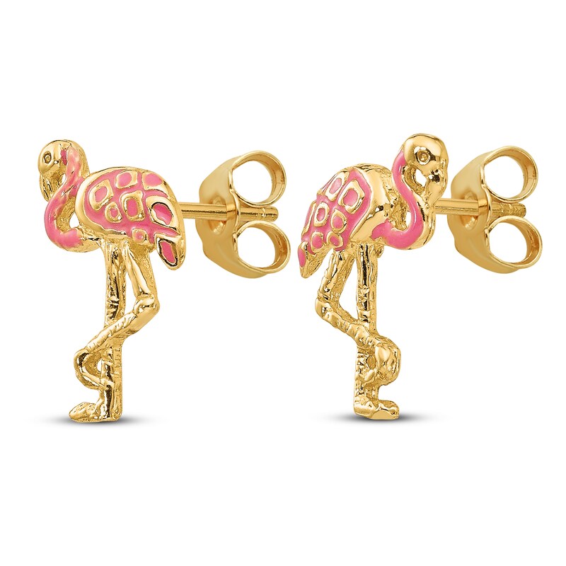 Main Image 2 of Pink Flamingo Stud Earrings Pink Enamel 14K Yellow Gold