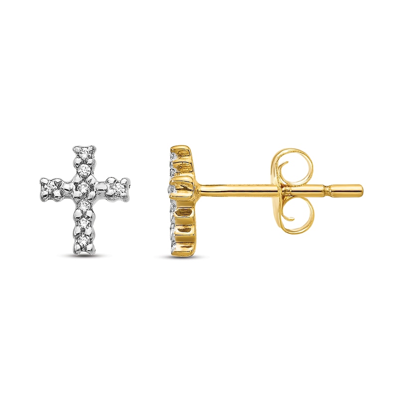 Main Image 1 of Diamond Cross Stud Earrings 1/20 ct tw Round 14K Yellow Gold