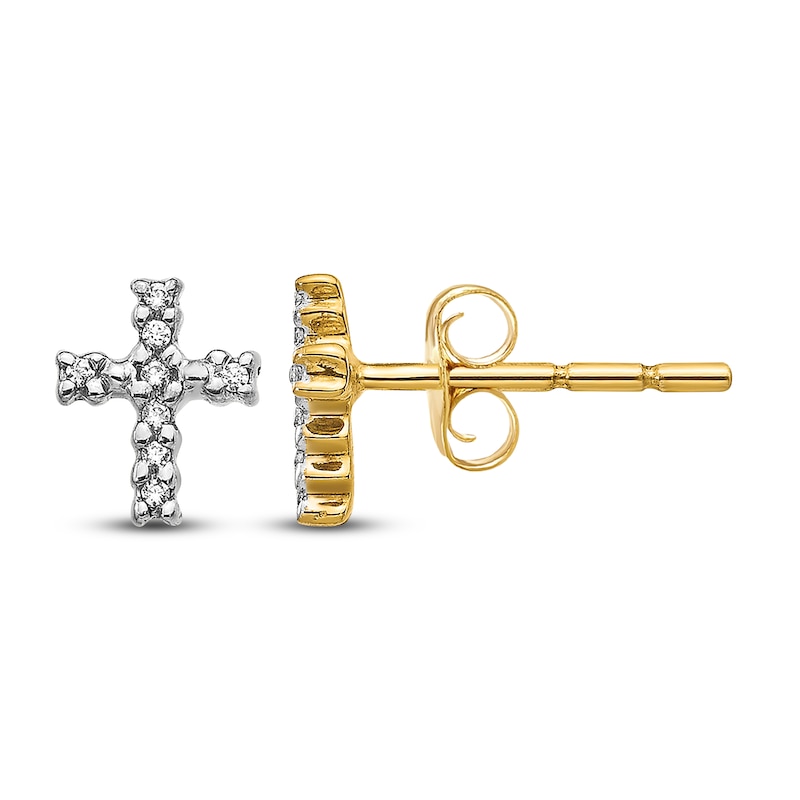Main Image 2 of Diamond Cross Stud Earrings 1/20 ct tw Round 14K Yellow Gold