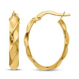 Polished and Twisted Oval Hoop Earrings 14K Yellow Gold