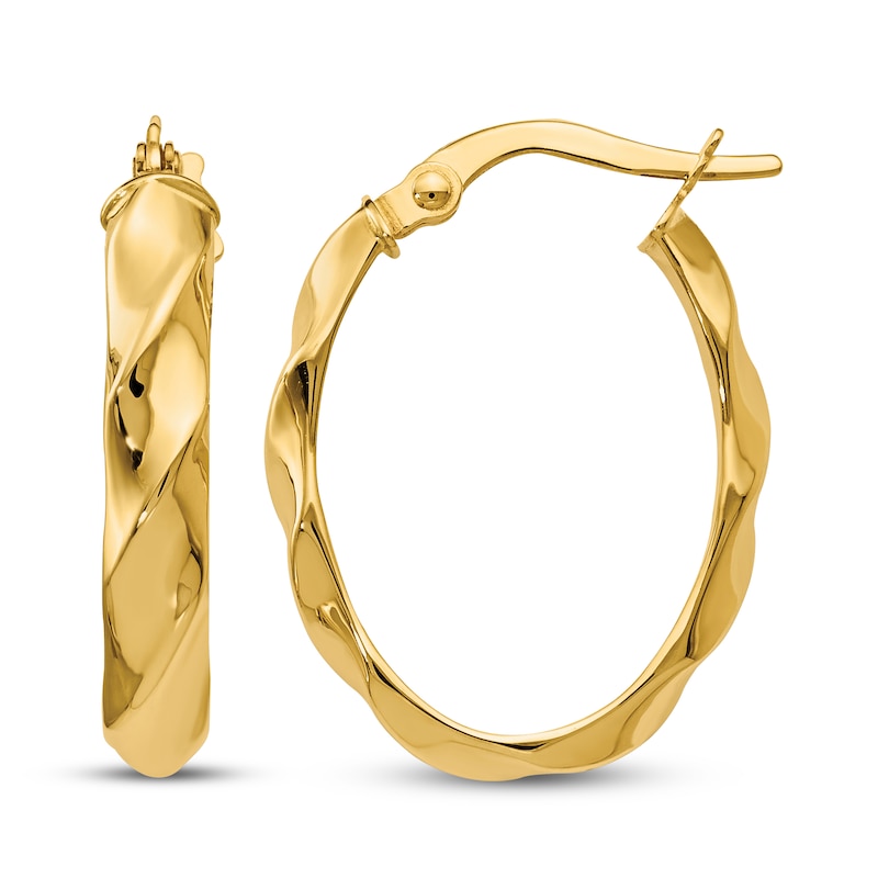 Main Image 1 of Polished and Twisted Oval Hoop Earrings 14K Yellow Gold