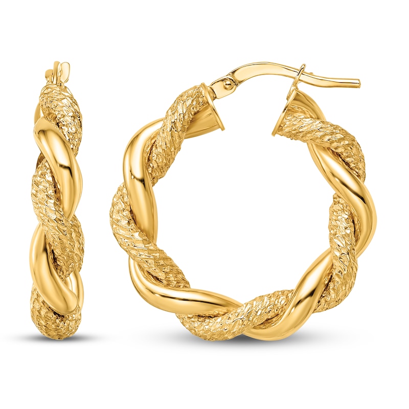 Main Image 1 of Diamond cut Twisted Hoop Earrings 14K Yellow Gold