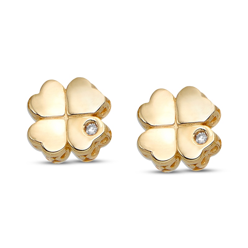 Clover Stud Earrings Diamond Accents 14K Yellow Gold