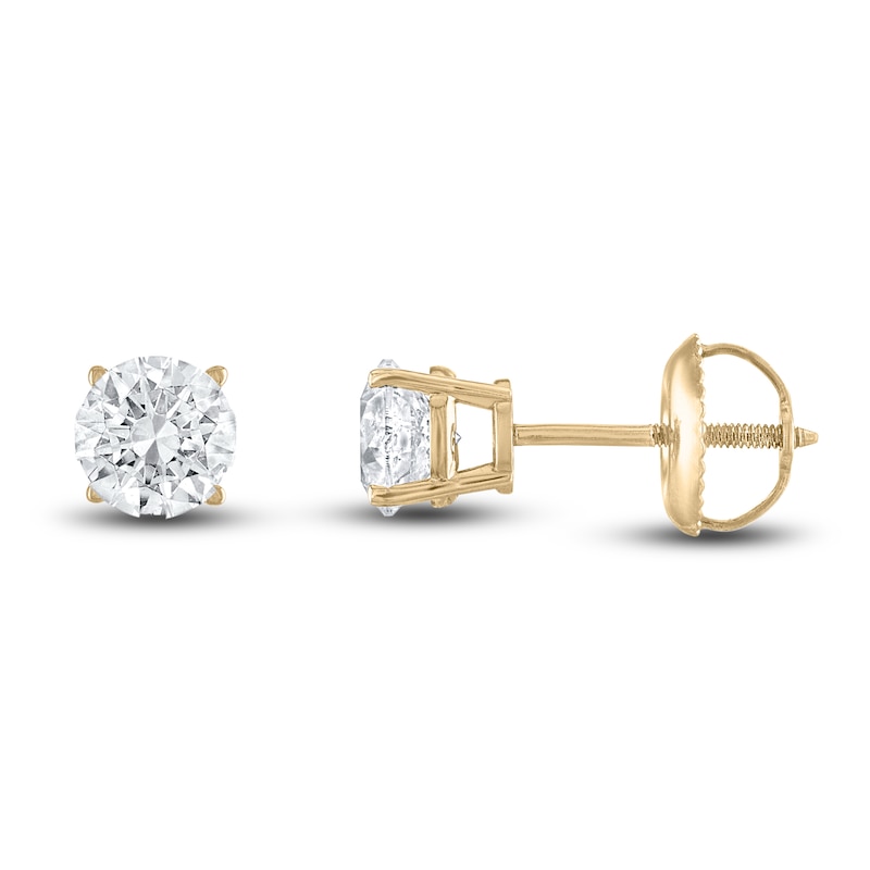 Main Image 1 of Certified Diamond Solitaire Stud Earrings 1-1/4 ct tw Round 14K Yellow Gold (I1/I)