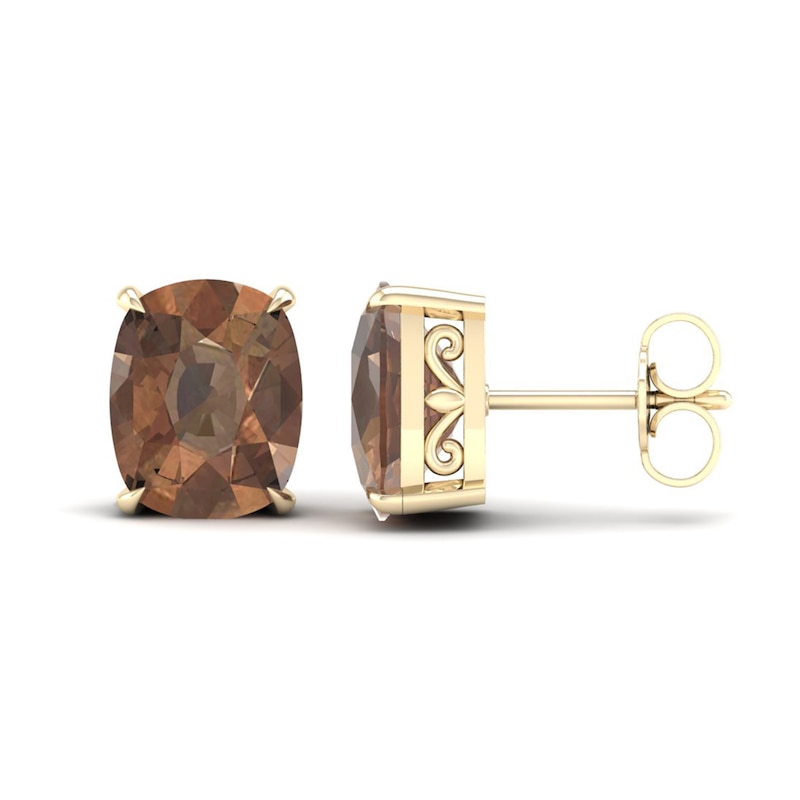 Natural Smoky Quartz Solitaire Earrings 14K Yellow Gold