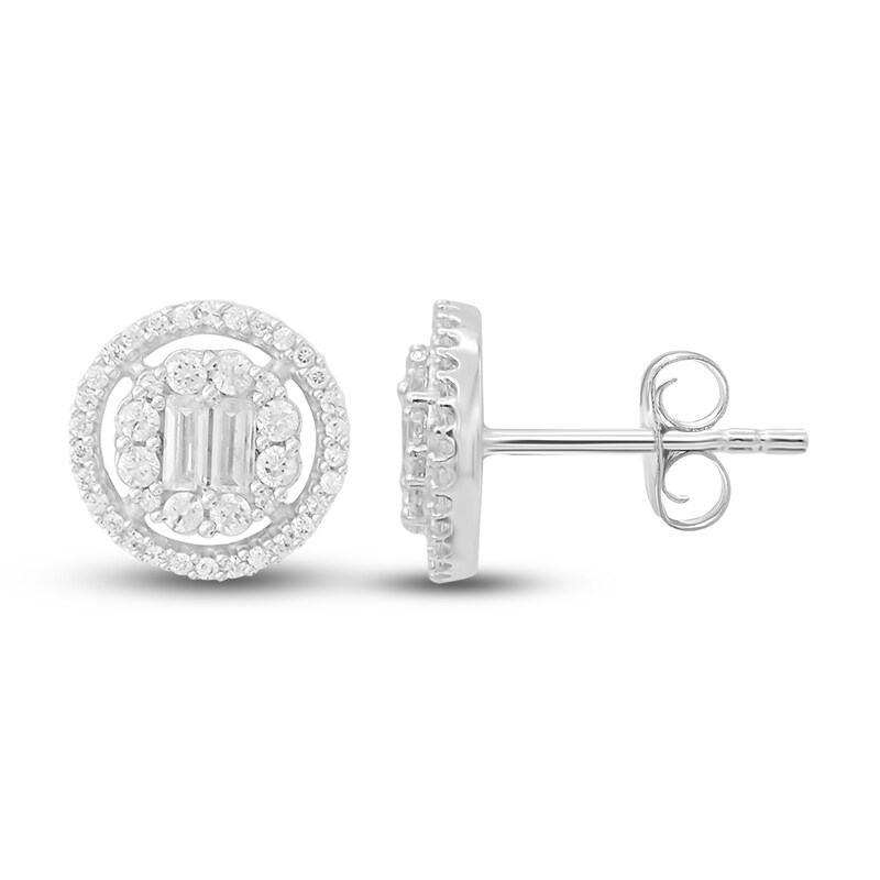 Main Image 1 of Diamond Circle Stud Earrings 1/2 ct tw Round/Baguette 14K White Gold