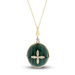 Natural Malachite Necklace 1/20 ct tw Diamonds 14K Yellow Gold