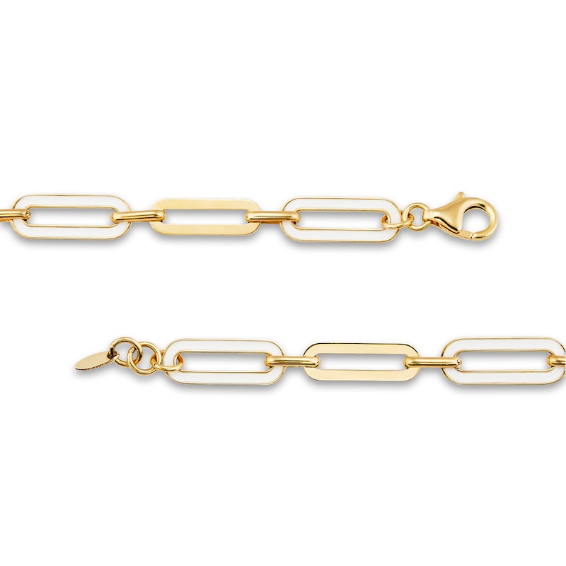 Italia D'Oro Paperclip Bracelet White Enamel 14K Yellow Gold 7.25"