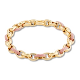 Italia D'Oro Oval Link Bracelet Pink Enamel 14K Yellow Gold 7.5"