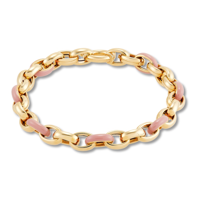Main Image 1 of Italia D'Oro Oval Link Bracelet Pink Enamel 14K Yellow Gold 7.5"