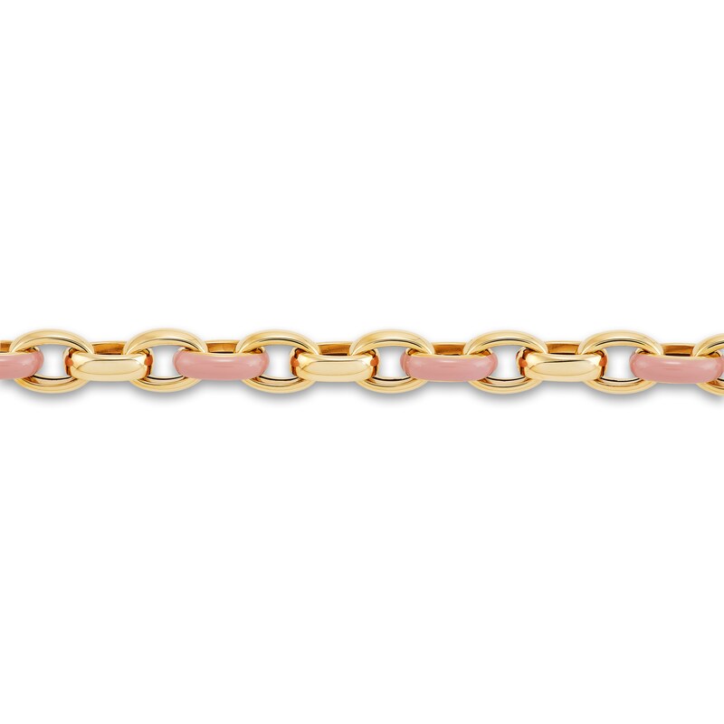 Main Image 2 of Italia D'Oro Oval Link Bracelet Pink Enamel 14K Yellow Gold 7.5"