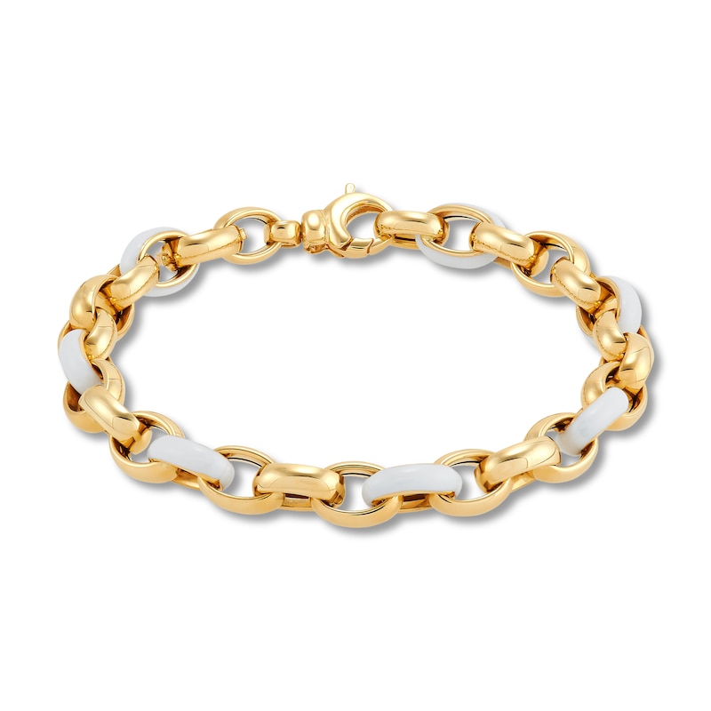 Main Image 1 of Italia D'Oro Oval Link Bracelet White Enamel 14K Yellow Gold 7.5"