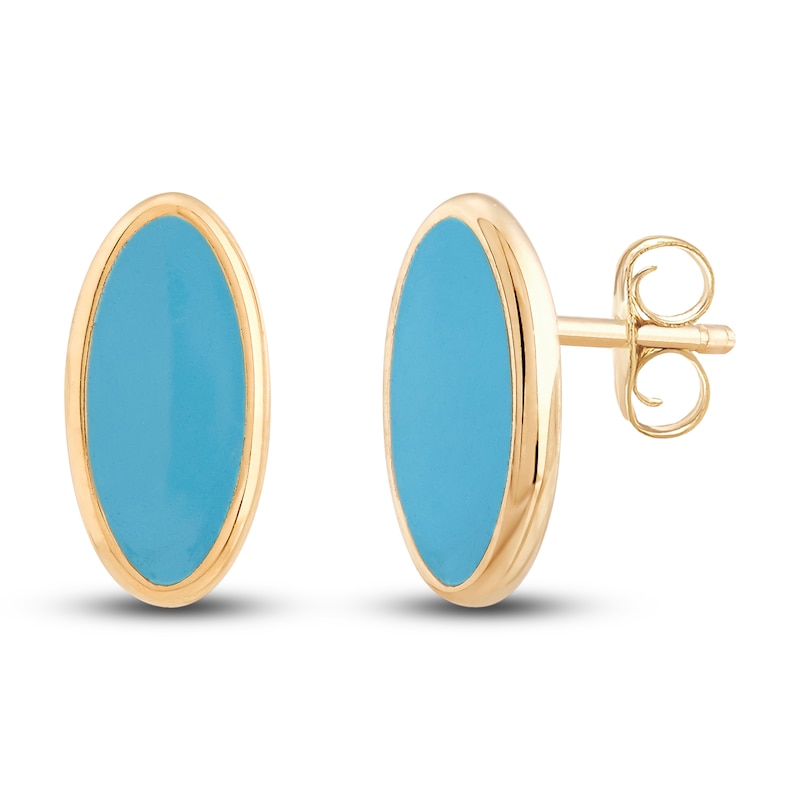 Italia D'Oro Oval Stud Earrings Blue Enamel 14K Yellow Gold