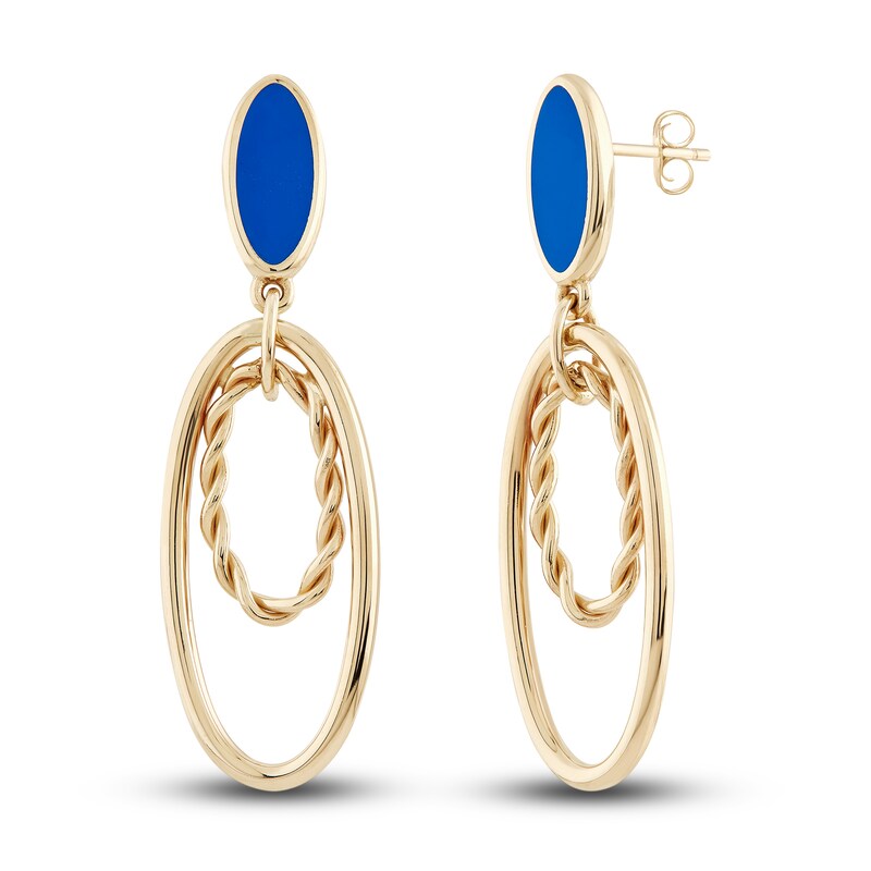 Italia D'Oro Oval Dangle Earrings Blue Enamel 14K Yellow Gold