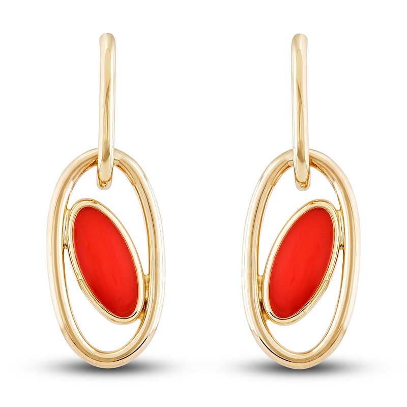Main Image 1 of Italia D'Oro Oval Drop Earrings Red Enamel 14K Yellow Gold