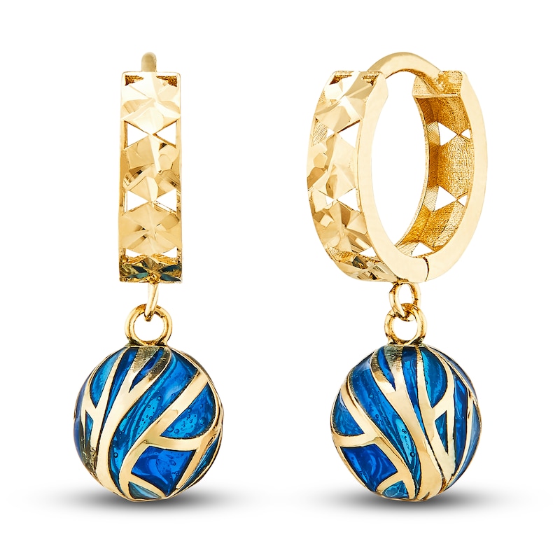 Italia D'Oro Blue Enamel Diamond-Cut Dangle Earrings 14K Yellow Gold