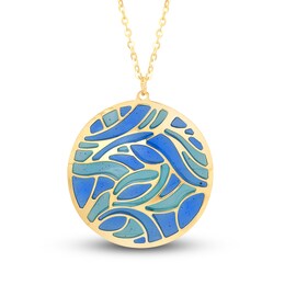 Italia D'Oro Circle Disk Necklace Blue Enamel 14K Yellow Gold 18&quot;
