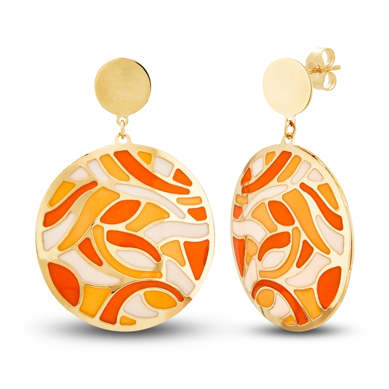 Main Image 1 of Italia D'Oro Orange/Yellow /White Enamel Diamond-Cut Disk Dangle Earrings 14K Yellow Gold