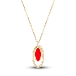 Italia D'Oro Oval Drop Necklace Red Enamel 14K Yellow Gold