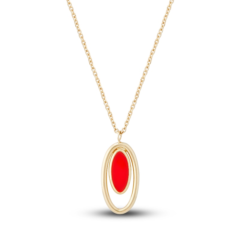 Main Image 1 of Italia D'Oro Oval Drop Necklace Red Enamel 14K Yellow Gold