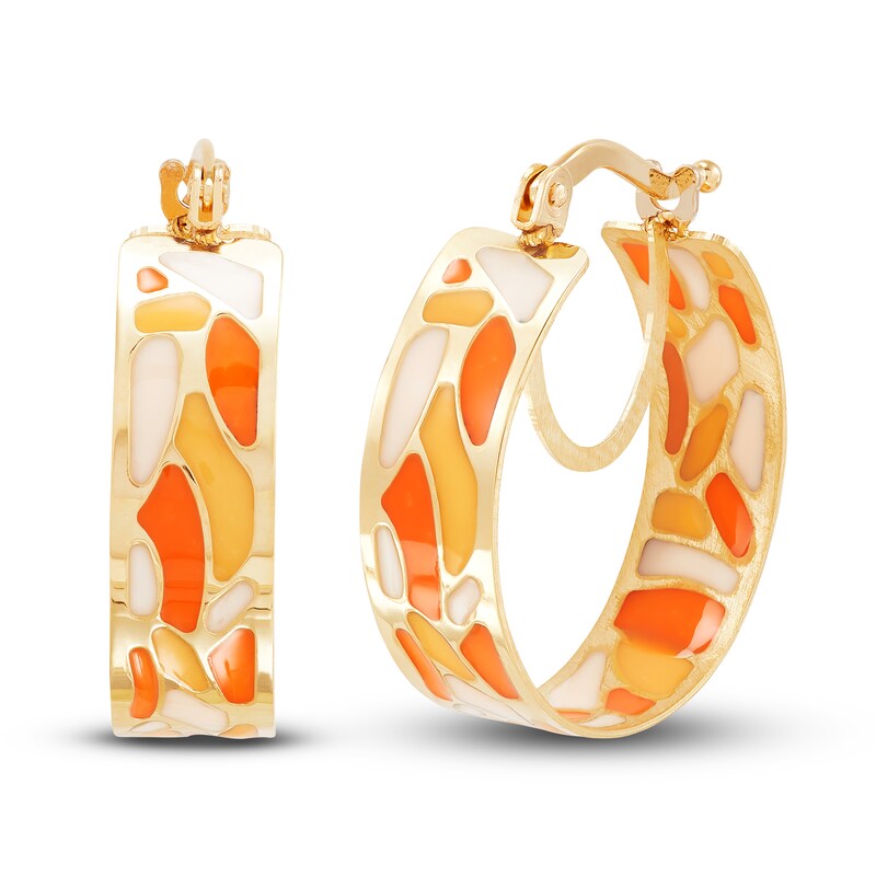 Italia D'Oro Orange/Yellow /White Enamel Diamond-Cut Bridged Hoop Earrings 14K Yellow Gold