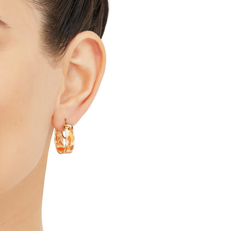 Italia D'Oro Orange/Yellow /White Enamel Diamond-Cut Bridged Hoop Earrings 14K Yellow Gold