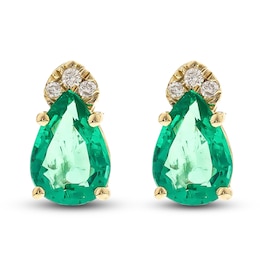 Natural Emerald Earrings Diamond Accents 10K Yellow Gold