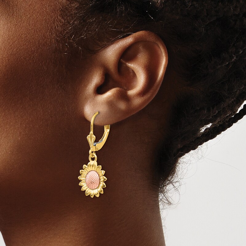 Sunflower Dangle Earrings 14K Two-Tone Gold