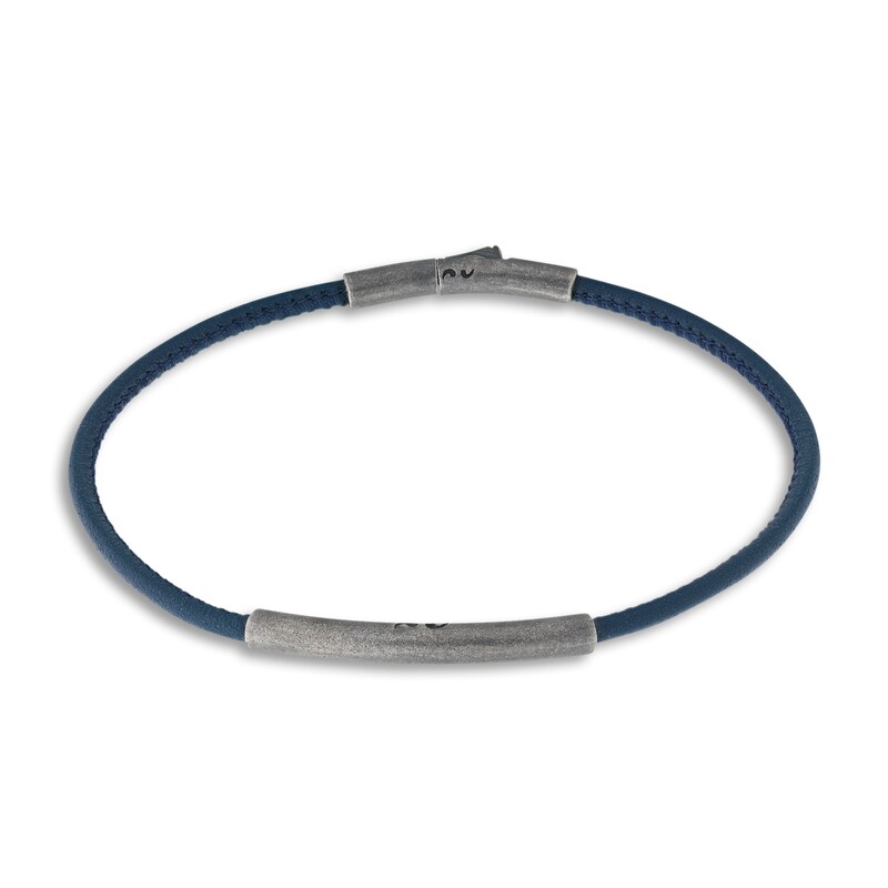 Marco Dal Maso Men's Thin Blue Leather Bracelet Sterling Silver 8"