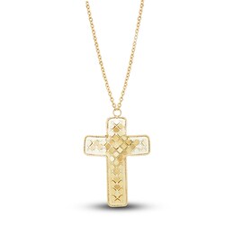 Italia D'Oro Curved Double Cross Pendant Necklace 14K Yellow Gold 17.5&quot;