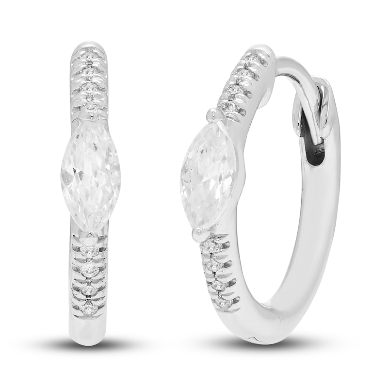 Main Image 2 of Diamond Huggie Hoop Earrings 1/4 ct tw Marquise/Round 10K White Gold