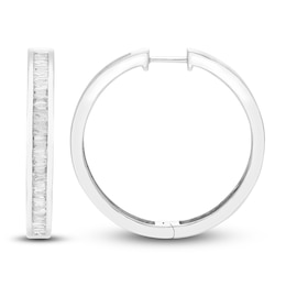 Diamond Hoop Earrings 1 ct tw Baguette 10K White Gold