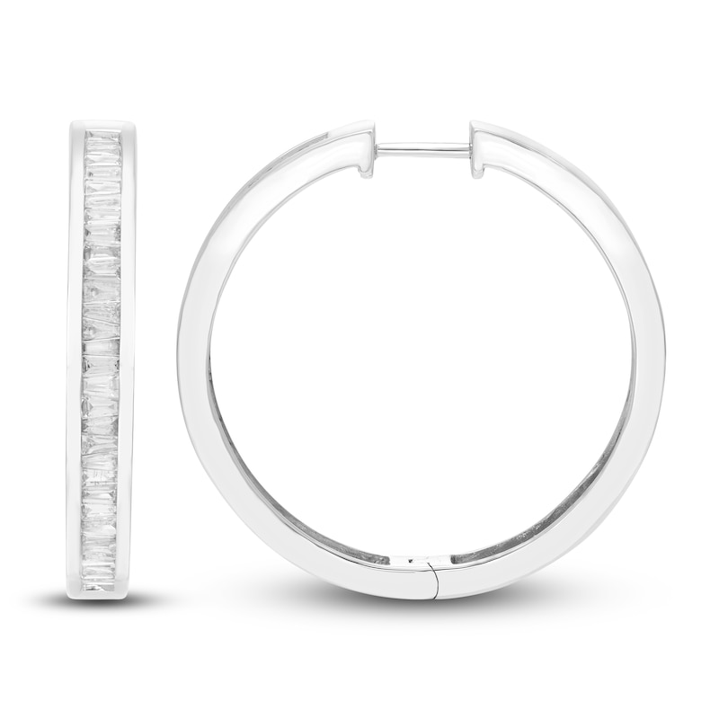 Main Image 1 of Diamond Hoop Earrings 1 ct tw Baguette 10K White Gold