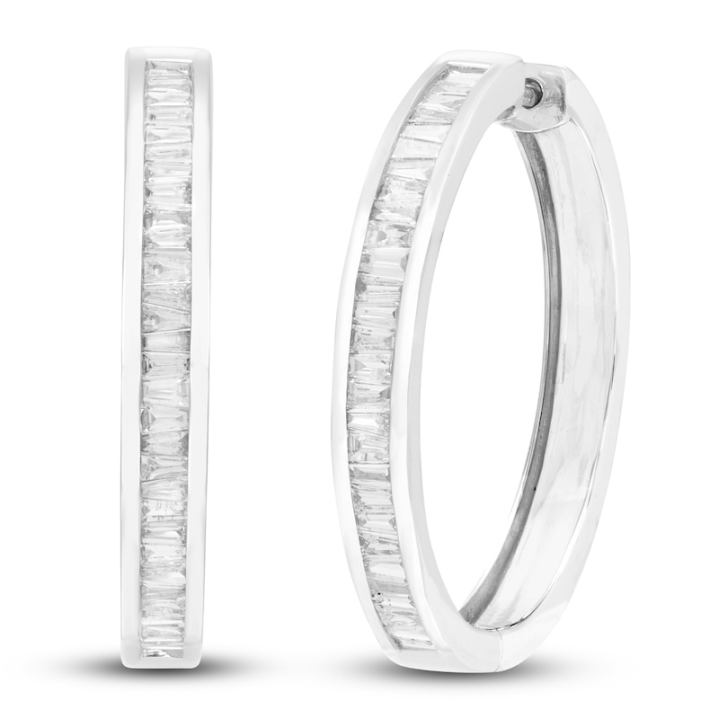 Main Image 2 of Diamond Hoop Earrings 1 ct tw Baguette 10K White Gold