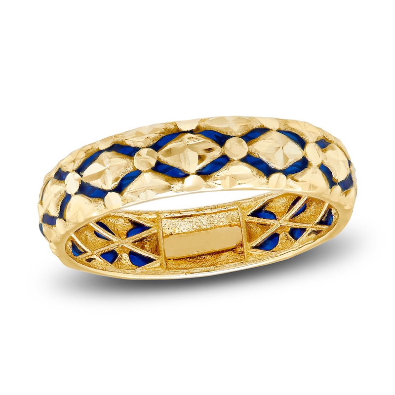 Italia D'Oro High-Polish Diamond-Cut Ring Blue Enamel 14K Yellow Gold