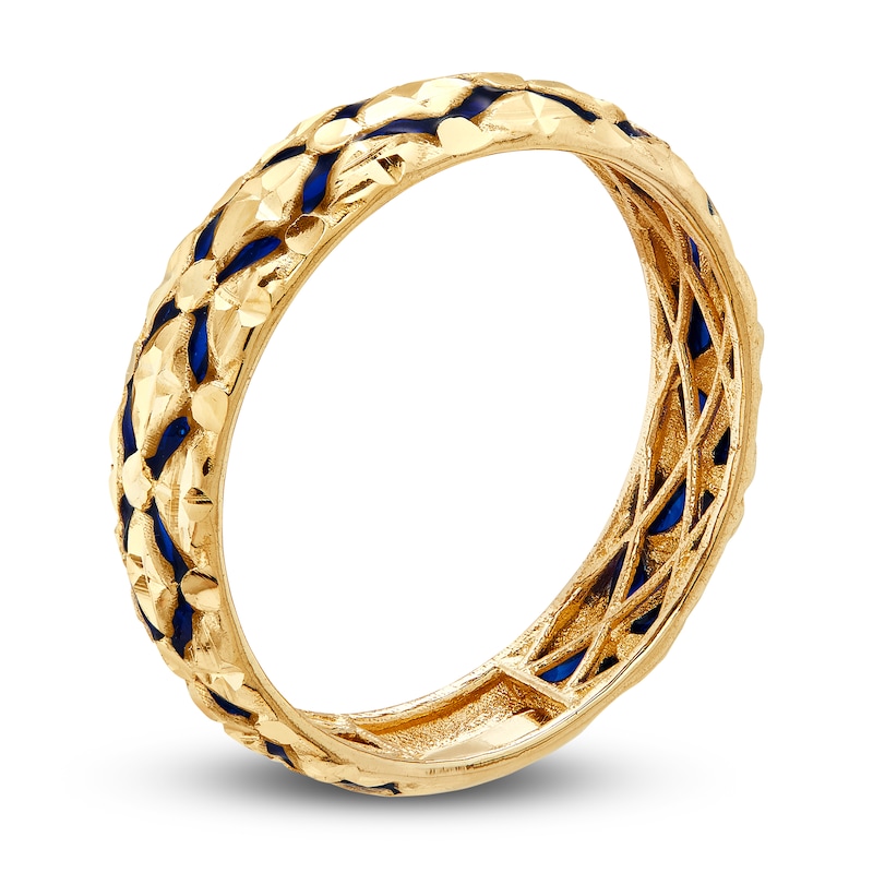 Italia D'Oro High-Polish Diamond-Cut Ring Blue Enamel 14K Yellow Gold