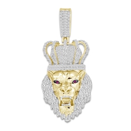 Men's Diamond & Lab-Created Ruby Lion Charm 1 ct tw Round/Baguette 10K Yellow Gold