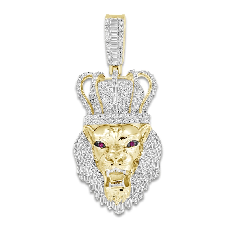 Men's Diamond & Lab-Created Ruby Lion Charm 1 ct tw Round/Baguette 10K Yellow Gold