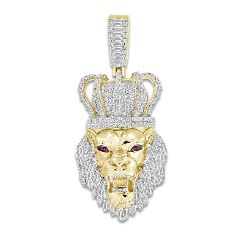 Men's Diamond & Lab-Created Ruby Lion Charm 1 ct tw Round/Baguette 10K Yellow Gold