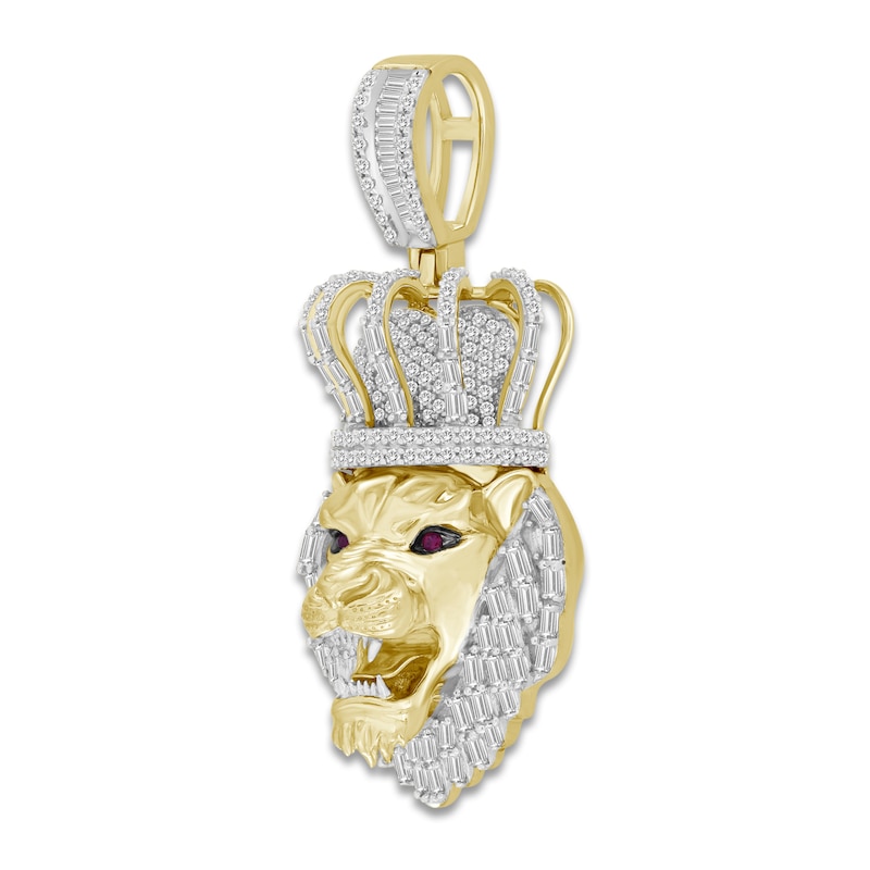 Men's Diamond & Lab-Created Ruby Lion Charm 1 ct tw Round/Baguette 10K Yellow Gold