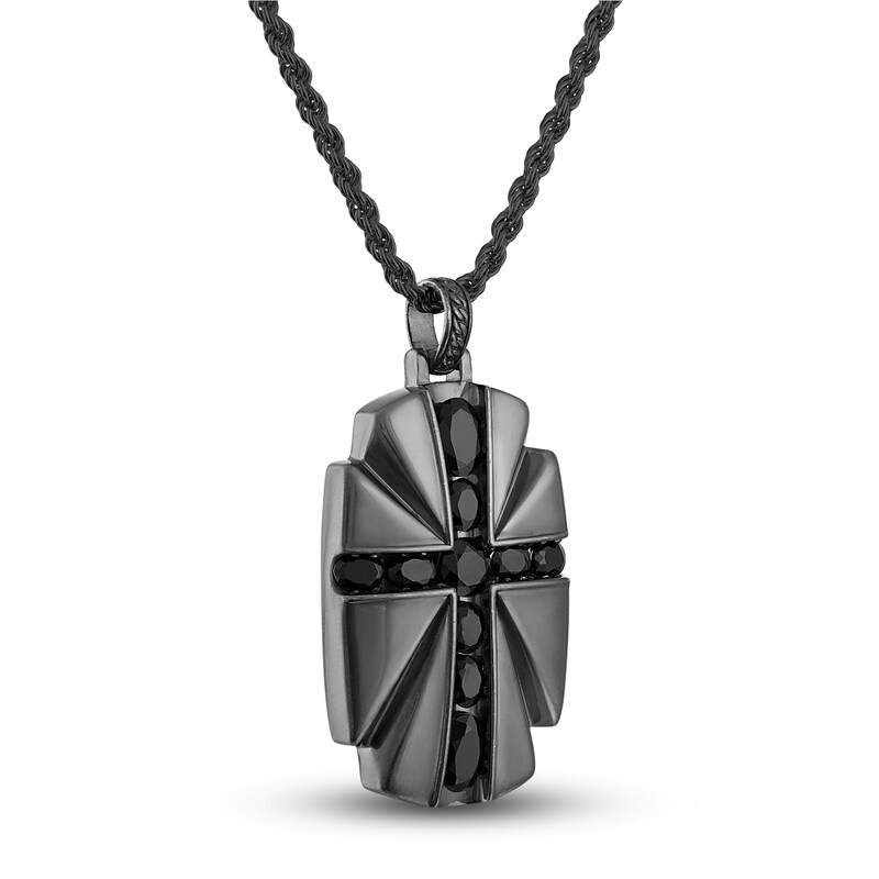 Main Image 2 of 1933 by Esquire Men's Natural Black Spinel Cross Pendant Necklace Black Ruthenium-Plated Sterling Silver 22"