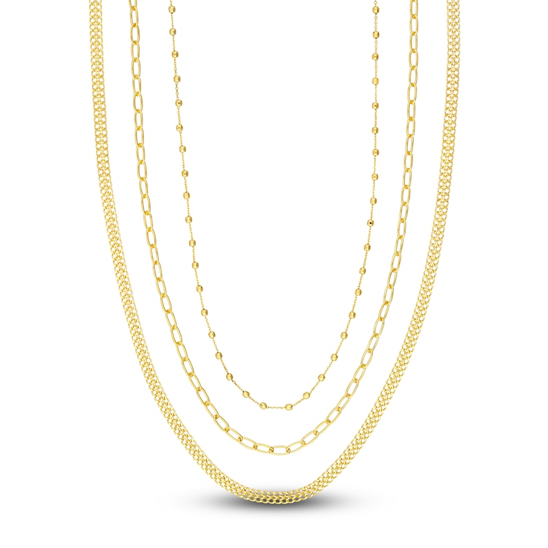 Beaded, Paperclip & Bismark Chain Necklace Set 14K Yellow Gold