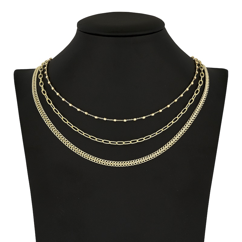 Beaded, Paperclip & Bismark Chain Necklace Set 14K Yellow Gold