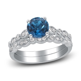 Natural London Blue Topaz & Diamond Milgrain Bridal Set 1/5 ct tw 14K White Gold