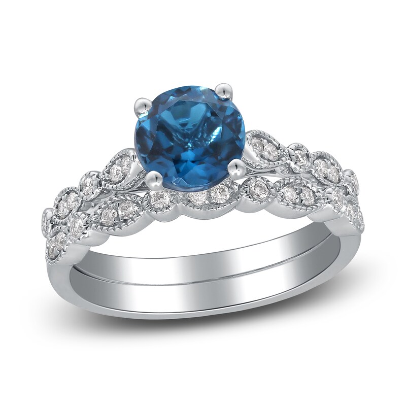 Main Image 1 of Natural London Blue Topaz & Diamond Milgrain Bridal Set 1/5 ct tw 14K White Gold