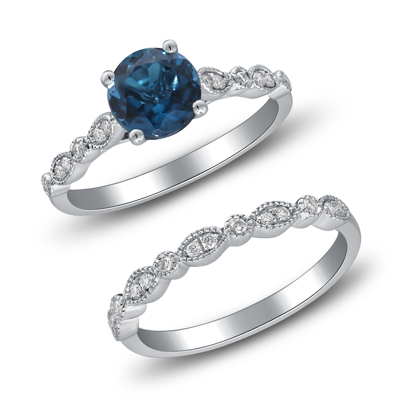 Main Image 2 of Natural London Blue Topaz & Diamond Milgrain Bridal Set 1/5 ct tw 14K White Gold